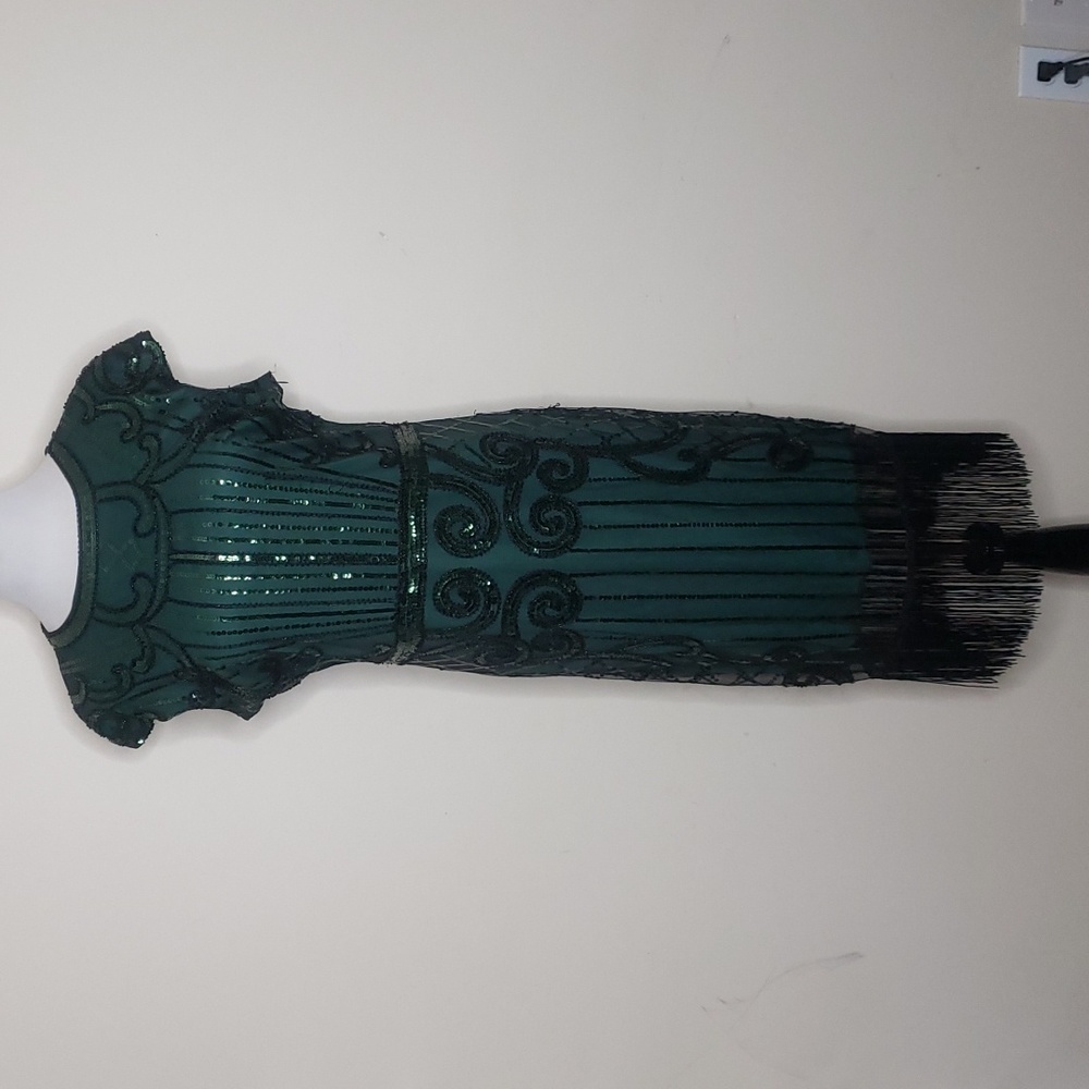 Hunter Green Cap Sleeve Flapper style dress Heavily beaded sequin size XXL 14/16